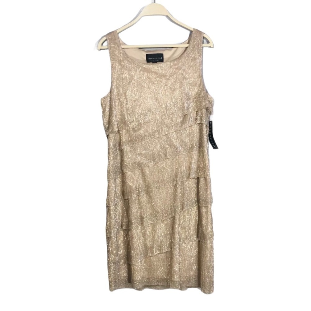 NWT connected apparel gold dress metallic tiered